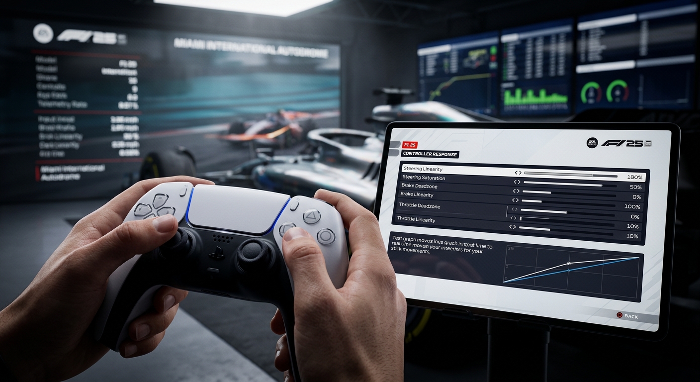The F1 25 controller calibration settings menu on PS5, showing sliders for steering linearity and saturation.