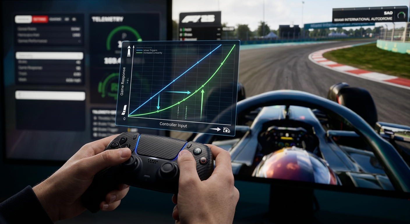 A graph comparing a linear controller input curve to a modified curve with increased linearity, showing how input sensitivity is reduced.
