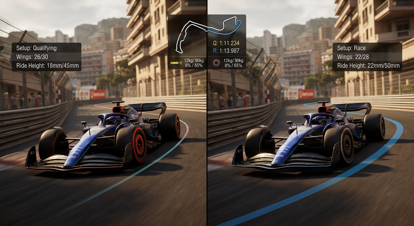 Split image comparing Monaco race and qualifying setup values with a test-loop overlay