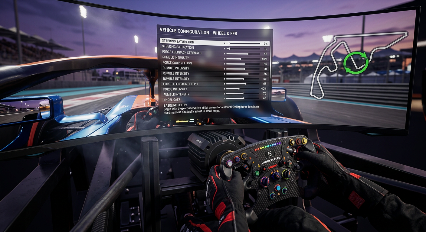Sim racing wheel and on-screen FFB settings during a mixed-speed F1 25 test lap