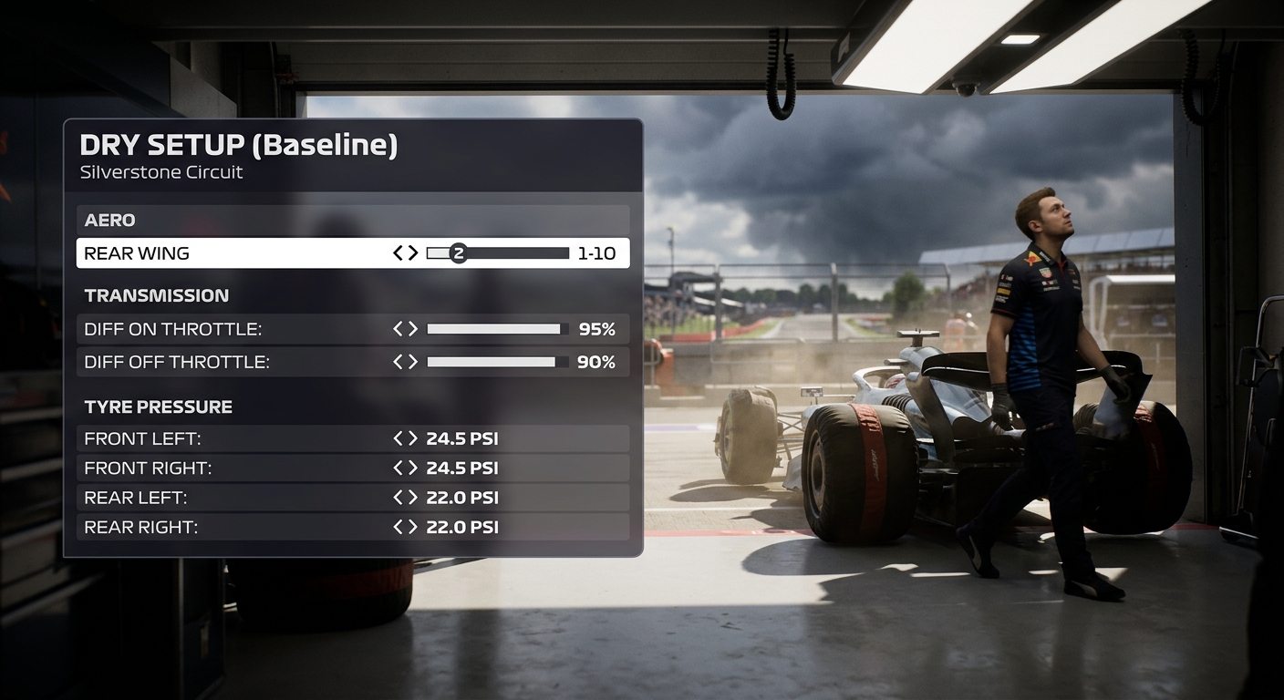 F1 25 Silverstone Circuit dry baseline setup parameters displayed in the garage menu before wet weather adaptation
