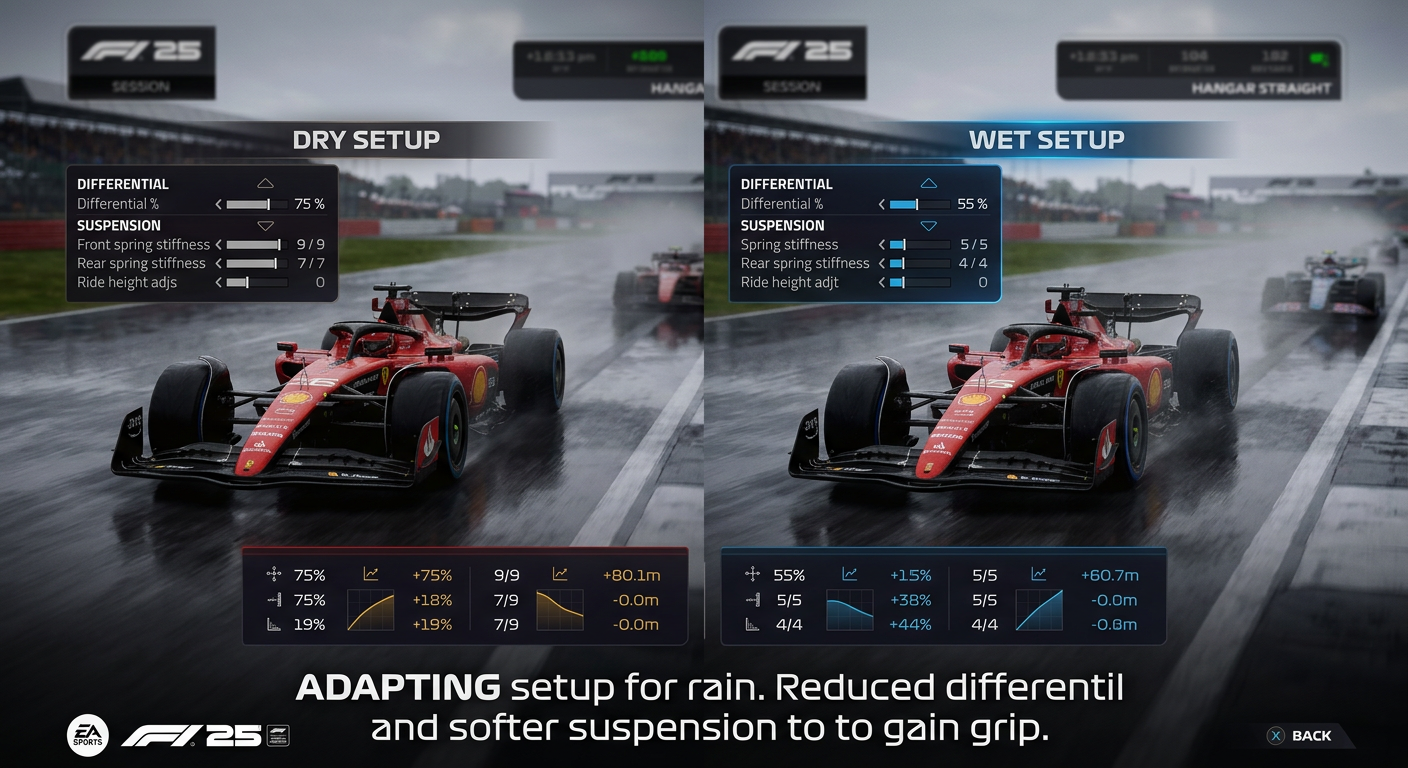 F1 25 Silverstone Circuit wet weather setup comparison showing differential and suspension deltas from the dry baseline