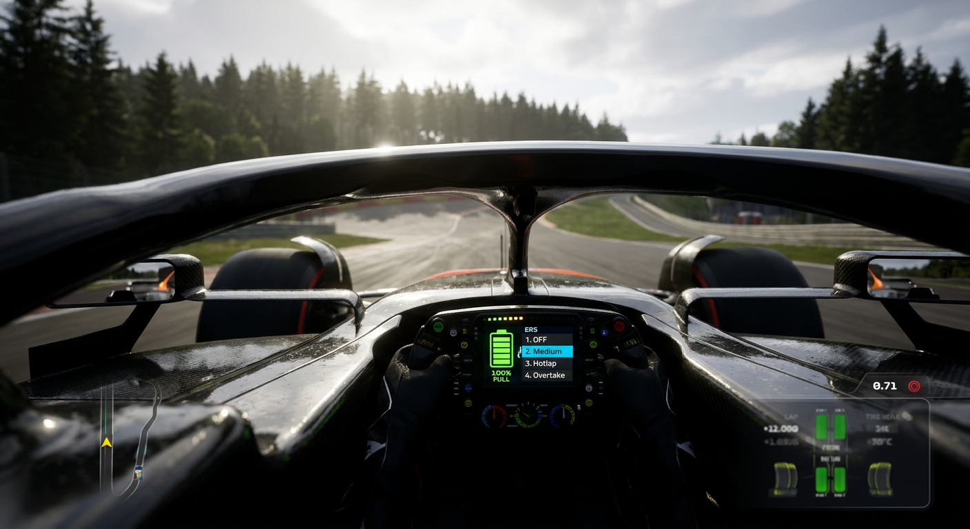F1 24 ERS battery display showing full charge and deployment mode options