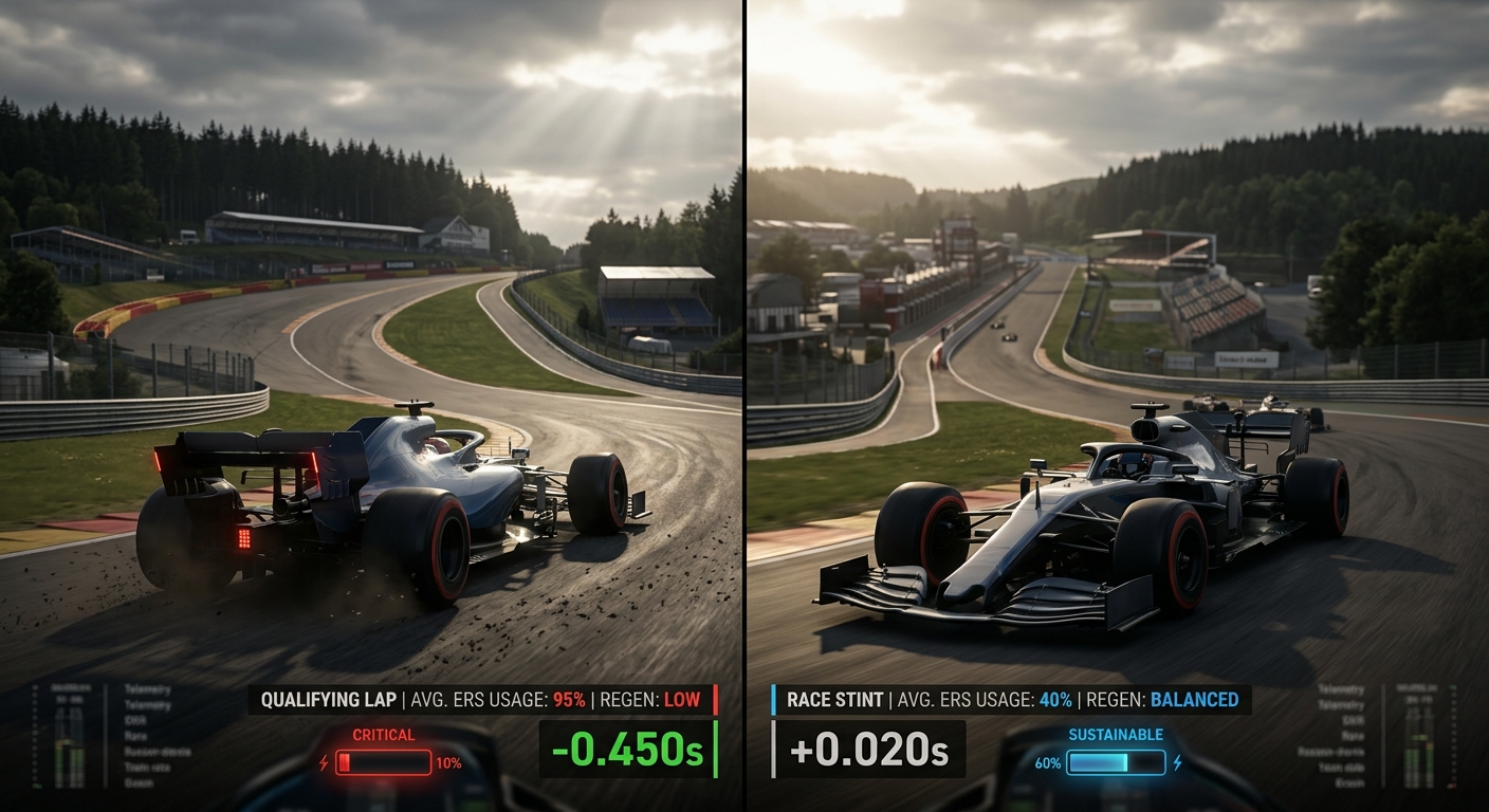 Side-by-side ERS battery levels during qualifying lap versus race stint in F1 24